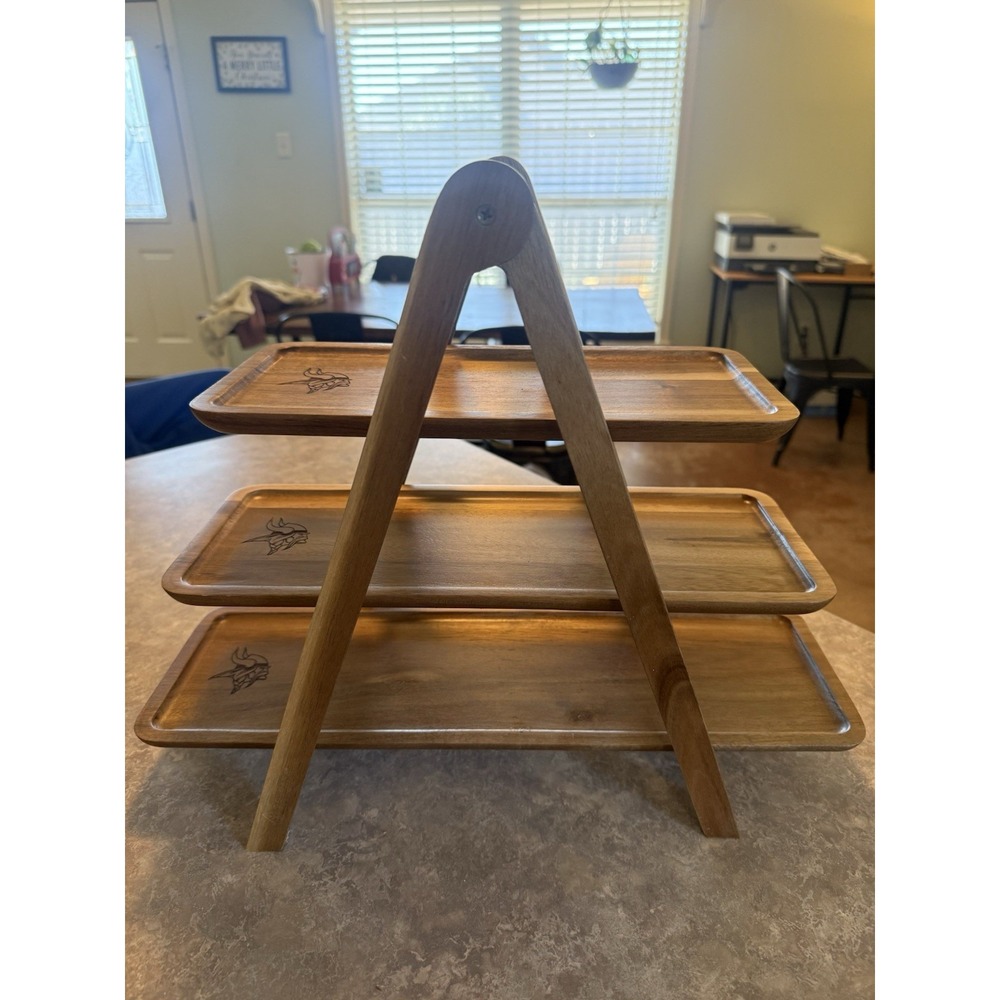 Wooden 3-Tier Serving Tray Stand with Minnesota Vikings Logo